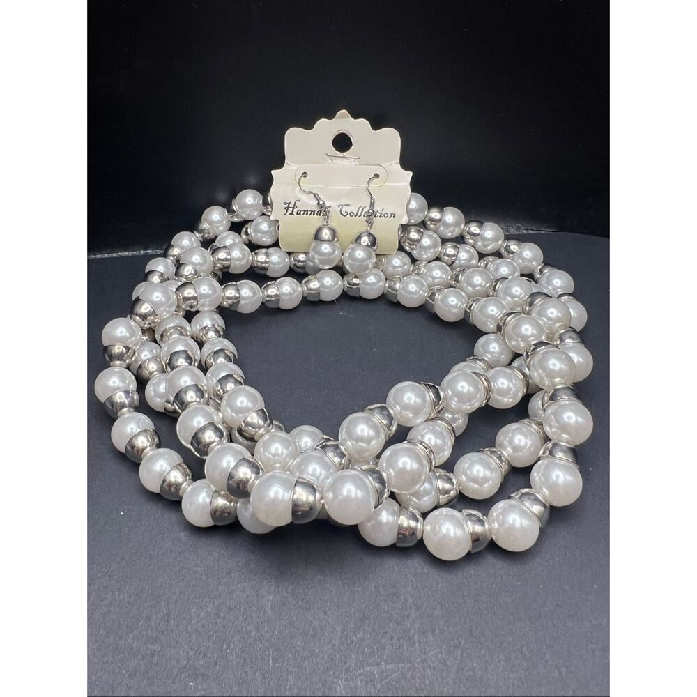 New Hannah Collection White Faux Pearl Silver Tone Cap Necklace and Earring Set